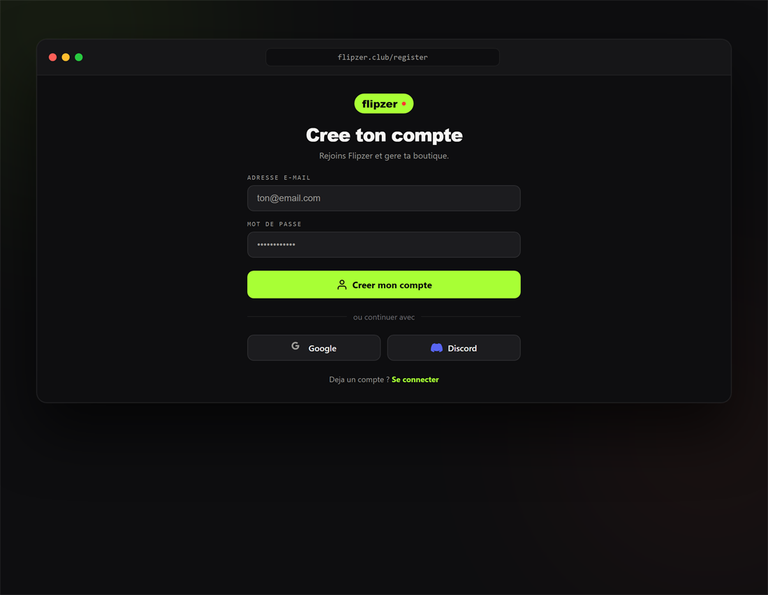 Formulaire de création de compte Flipzer