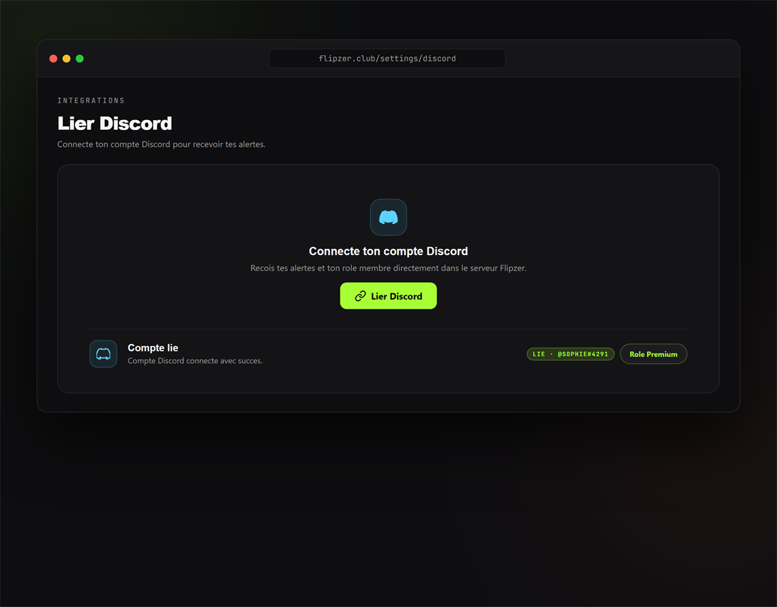 Liaison du compte Discord depuis les paramètres Flipzer