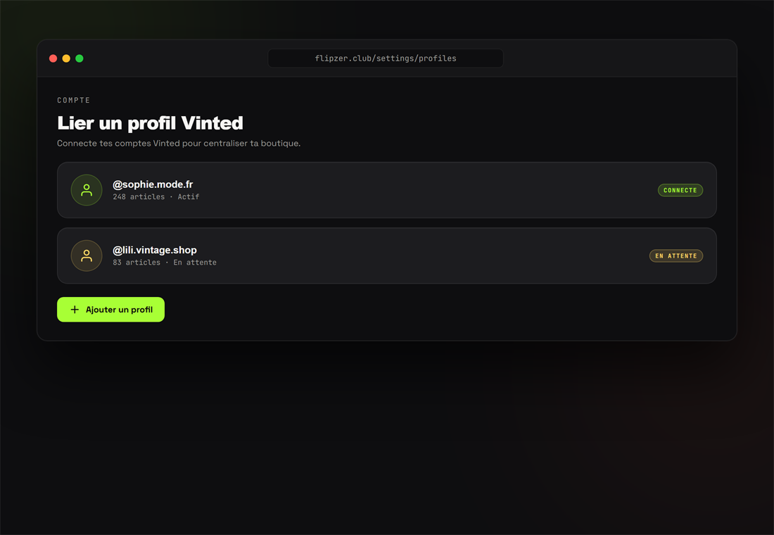 Profils Vinted associés au compte Flipzer