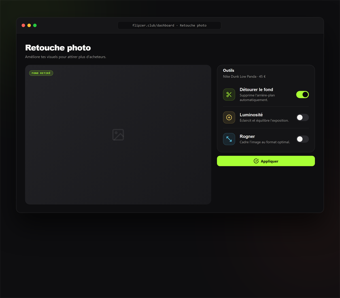 Interface de retouche photo avec suppression du fond dans Flipzer