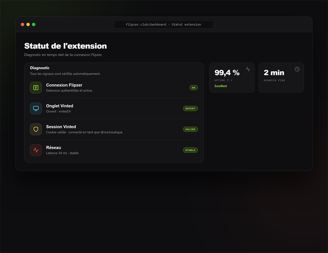 Panneau de diagnostic et état de l'extension Flipzer